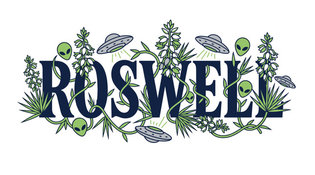 Roswell New Mexico tourism graphic with aliens and UFOs vector