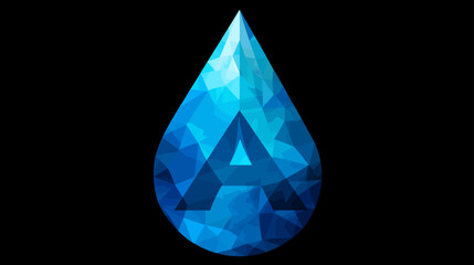 Obraz premium Abstract blue polygonal water drop with embedded letter A on black background. Geometric low poly digital graphic design element.