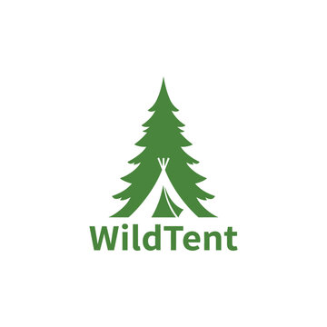 Minimalist pine tree silhouette with a camping tent negative space icon for outdoor recreation and forest adventure logo named WildTent