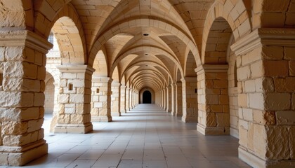 Obraz premium Serene Architecture of Arched Corridor in Historic Building with Stone Columns and Warm Natural Light
