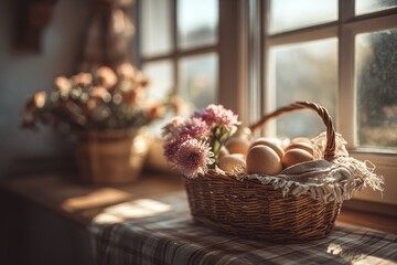 Easter wicker basket with speckled eggs and white flowers on sunny windowsill