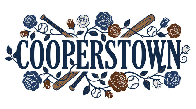 Vintage Cooperstown baseball floral emblem with roses and bats vector