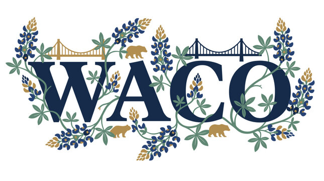 Waco Texas city name with bluebonnets and bridges vector illustration