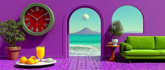 Surreal Seaside Interior With Purple Walls, Green Sofa and Large Clock Overlooking Turquoise Ocean