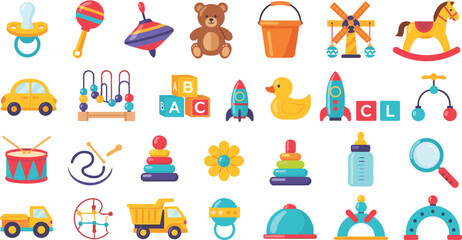 Baby Toys and Kids Playtime Vector Set Featuring Rattles, Blocks, Teddy Bear, Cars, Rockets, Pacifier, and Educational Play Objects © MdMunzurul