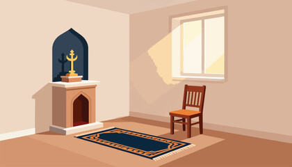 Fototapeta premium A prayer rug and chair await in a room with a niche holding a golden crescent