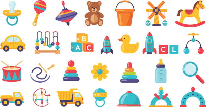 Baby Toys and Kids Playtime Vector Set Featuring Rattles, Blocks, Teddy Bear, Cars, Rockets, Pacifier, and Educational Play Objects