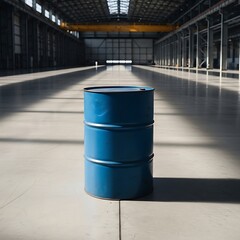 A lone blue industrial barrel in an empty, sunlit warehouse corridor. 55 gallon