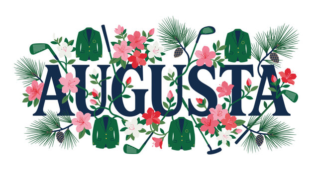 Augusta golf typography with green jackets and flowers vector illustration