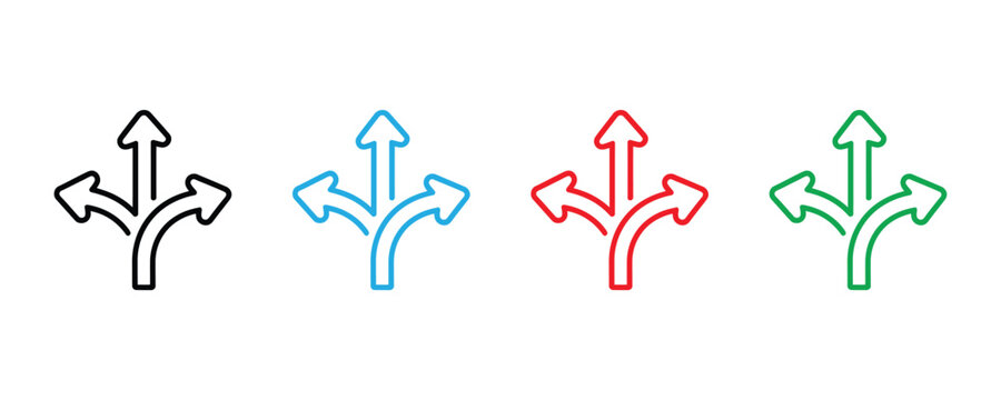 Three-way arrow icon vector. Directional symbol for decision making, path selection, and strategic planning set. Vector Illustration.
