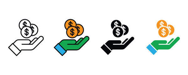 Coin payment icon vector. Money transaction symbol for hand holding dollar coins, financial savings, and investment set. Vector Illustration.
