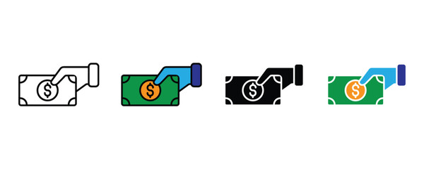 Cash payment icon vector. Money transaction symbol for hand holding dollar bill, financial salary, and banking currency set. Vector Illustration.