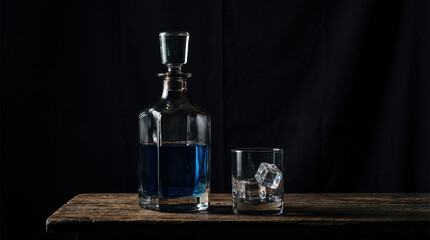 Dark glass decanter and ice on wooden table.