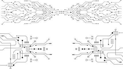 Symmetrical black circuit board patterns with various connections and data flow indicators on a white canvas