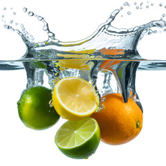 "Colorful Citrus Splash &mdash; Lemon, Lime and Orange Halves Creating Dramatic Water Splash Crown, High-Speed Fruit Drop on Light Blue Background"