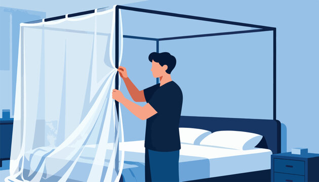 Person preparing mosquito net over a bed in a bedroom