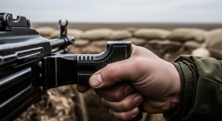 Obraz premium Close up view of military rifle held firmly by soldier's hand, positioned in muddy trench with sandbag fortifications, reflecting serious combat situation. Military rifle symbolizes conflict, defense,