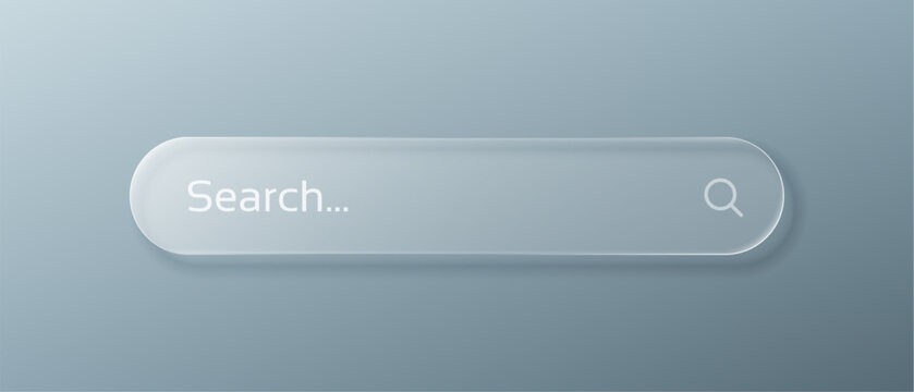 Search bar with liquid glass morphism vector style for website interface design and user experience. Interface element with search icon for web page.