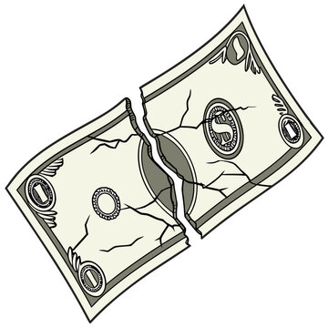 Torn dollar bill with cracks broken