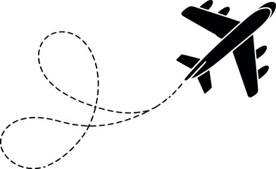 A black airplane flying in a loop with a dotted line trail on a white background