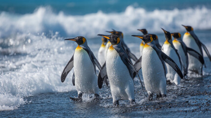 Fototapeta premium King penguin colony returning from the sea to a rocky beach with ocean waves and blue sky in the background, south Georgia, Antarctica