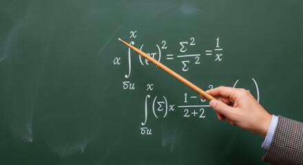 Hand pointing at math equations on green blackboard. Academic study visualizes calculus, algebraic principles, math equations. Good for educational content, research, or classroom math equations.