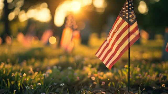 Small American flags placed on graves in a cemetery at sunset, honoring remembrance, sacrifice, and national memory with soft light and shallow depth of field