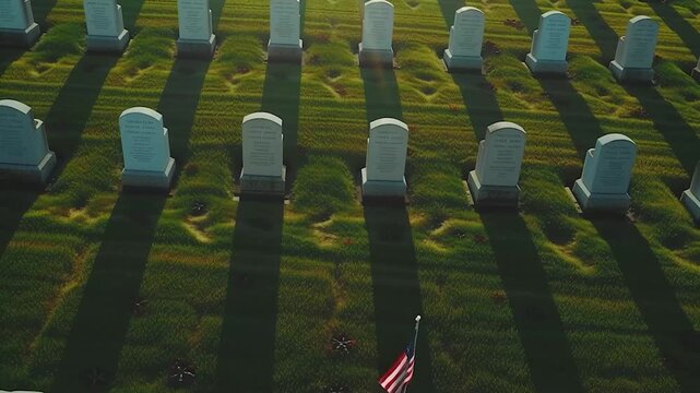 Aerial view of military cemetery with rows of white headstones and a single American flag, long morning shadows creating rhythm, symmetry, and a powerful mood of honor and remembrance