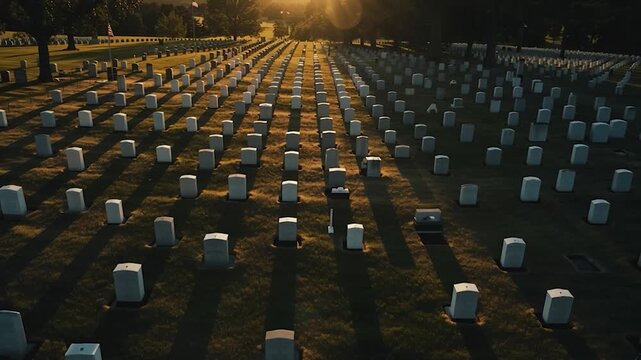 Wide cinematic shot of a national cemetery at golden hour, endless rows of headstones stretching toward the horizon, warm sunlight symbolizing memory, respect, loss, and collective history