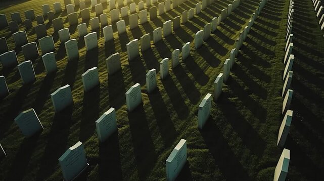 Oblique aerial perspective of uniform headstones and small American flags, graphic patterns of light and shadow conveying solemn tribute, national memory, and respectful silence
