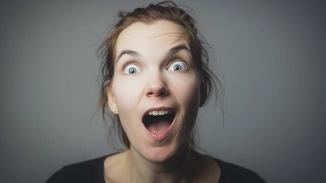 Woman making playful facial expression in studio portrait, humorous mood and exaggerated emotion against neutral background, expressing personality, authenticity and lighthearted character