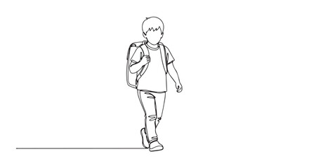 Obraz premium Continuous Line Drawing of a Young Student Walking to School with a Backpack, Representing Education and Childhood Journey