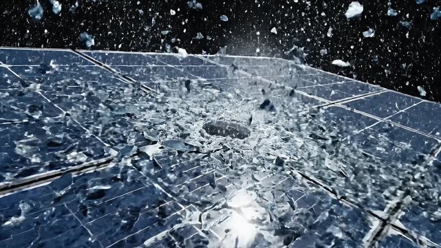 Damaged solar panel in outer space with debris and meteoroids.