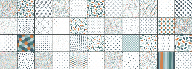 Collection of unusual fashion colorful seamless patterns. Bright minimalistic scrapbook backgrounds. Retro 80-90s trendy prints