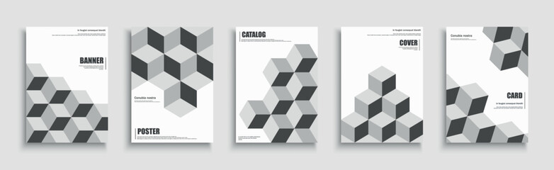 Collection of abstract geometric monochrome business covers, templates, backgrounds, placards, brochures. 3d print with cube shapes for creative design financial projects. Science and technology