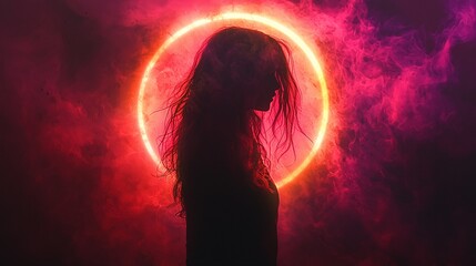 Red light surrounds the silhouette of the woman