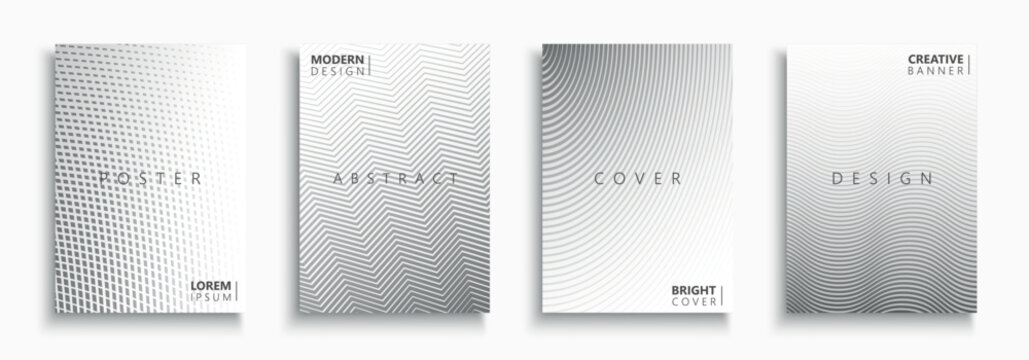 Collection of vector white and gray digital halftone templates, posters, placards, brochures, banners, flyers, backgrounds and etc. Contemporary striped and dotted abstract covers - geometric design