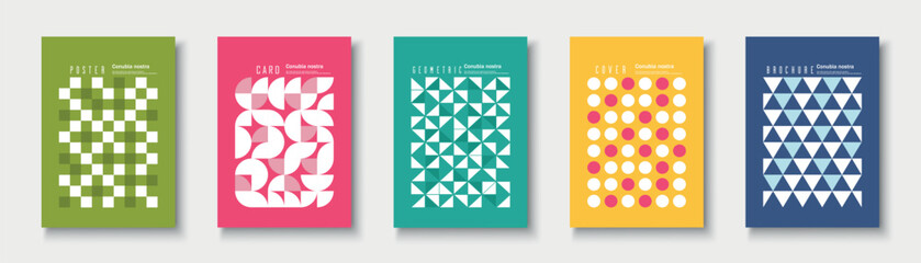 Collection of bright color posters with mosaic geometric shapes and digital print. Vector modern placards, brochures, banners, backgrounds, cards. Artwork creative fashion covers