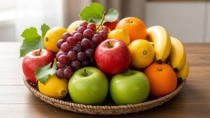 Fresh Fruit Basket Assortment: Apples, Grapes, Oranges, Lemons, Bananas