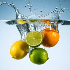 "Colorful Citrus Splash &mdash; Lemon, Lime and Orange Halves Creating Dramatic Water Splash Crown, High-Speed Fruit Drop on Light Blue Background"