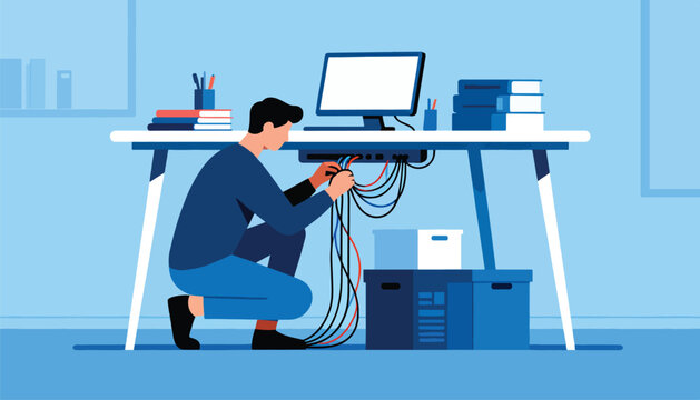 Person crouched under desk organizing tangled computer cables