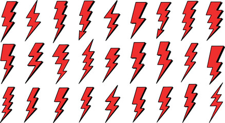 A bold and dynamic image featuring multiple red lightning bolts on a white background