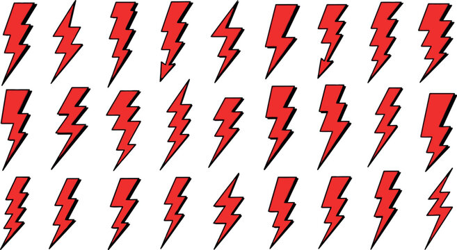 A bold and dynamic image featuring multiple red lightning bolts on a white background