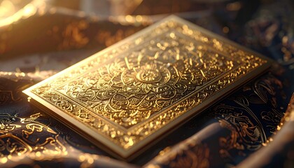 Fototapeta premium Ornate Golden Book with Intricate Designs on a Textured Surface.