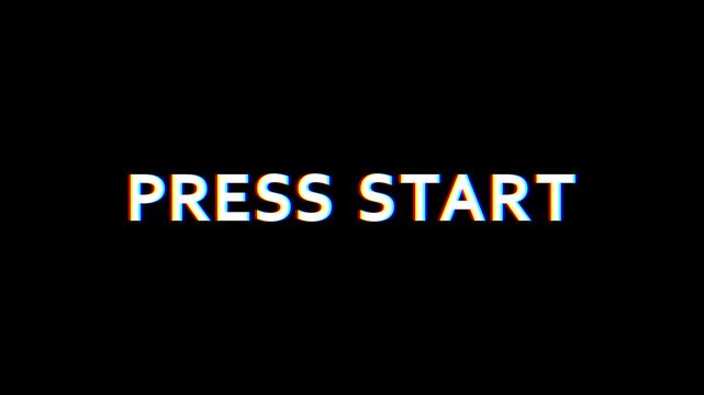Press start glitch effect text animation displayed on dark background.