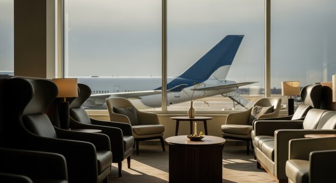 Luxurious and empty airport lounge interior with comfortable seating and soft lighting, offering a panoramic view of a commercial airplane parked outside on the tarmac, symbolizing elite travel.