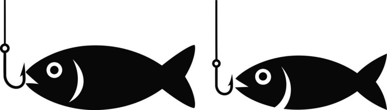 Two black fish hooked on fishing lines facing each other