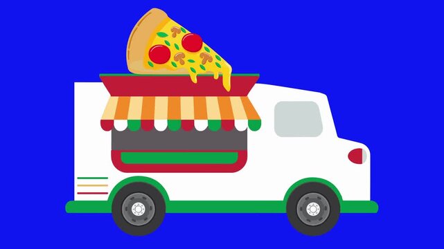 Seamless Loop Vector Pizza Food truck Animation on blue screen background. Generic Pizza Food truck Vector Looping animation. easy to use
