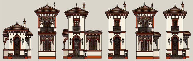 Obraz premium Set of Mediterranean and Oriental villa buildings in flat line art style, architectural elements on light grey background vector.