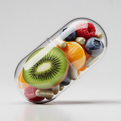 "Clear Capsule with Fresh Fruit Slices and Supplement Pills &mdash; Kiwi, Blueberries & Orange Segments Inside Transparent Vitamin Pill, Healthy Nutrition Concept, Studio Close-Up"